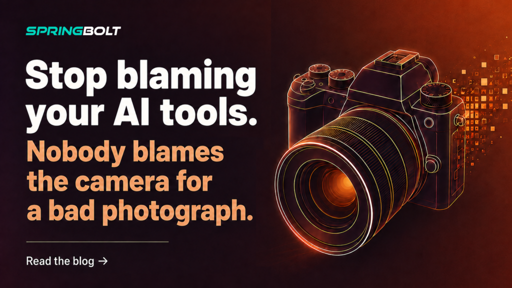 Springbolt blog cover for "Stop Blaming the AI Tools" — article on AI in marketing
